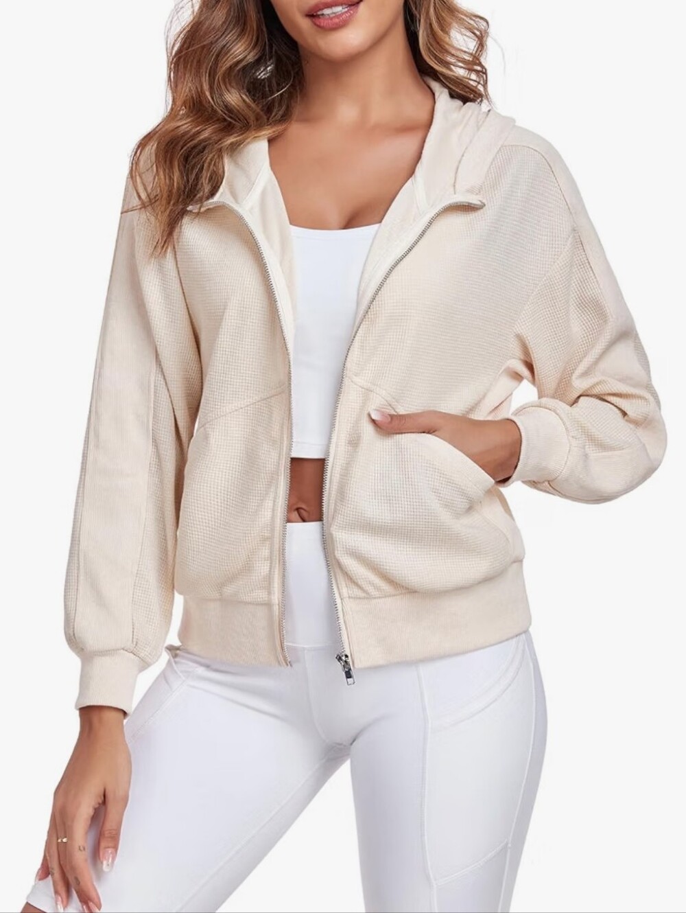 Cropped Waffle Jacket Oversized Zip Up Long Sleeve